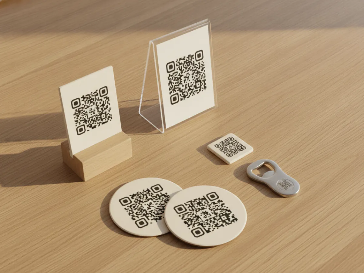Ahşap masa üzerinde QR kodlu pleksi ve ahşap masa standları, bardak altlıkları, magnet ve şişe açacağı