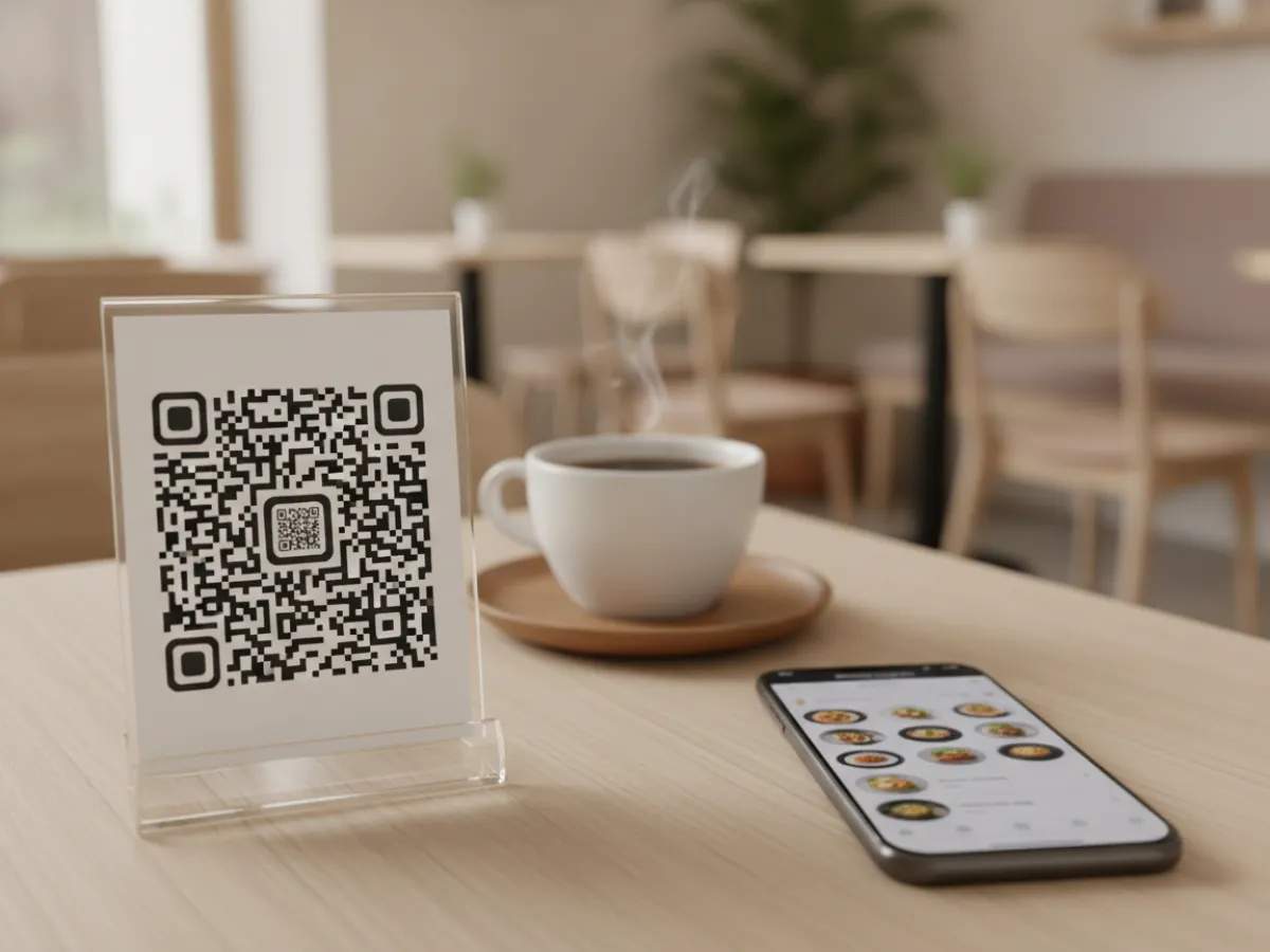 Kafe masasında QR kodlu pleksi stand, bir fincan kahve ve ekranında menü açık bir telefon