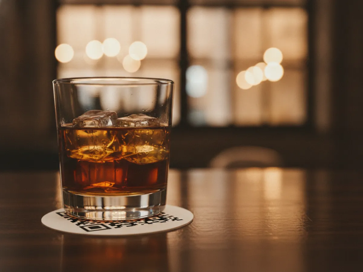 Bar tezgâhında QR kodlu bir bardak altlığının üzerinde duran içki bardağı