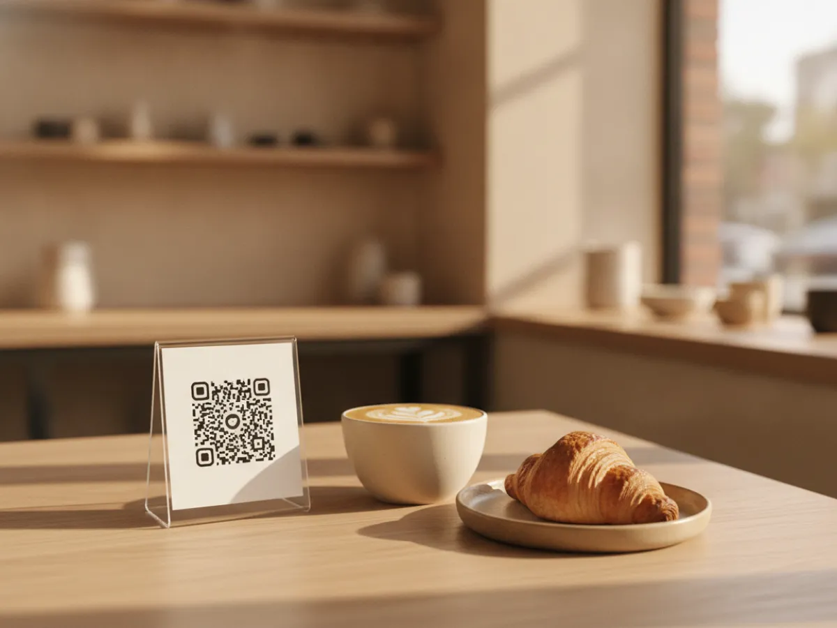 Kafe masasında kahve fincanının yanında duran QR kodlu masa kartı