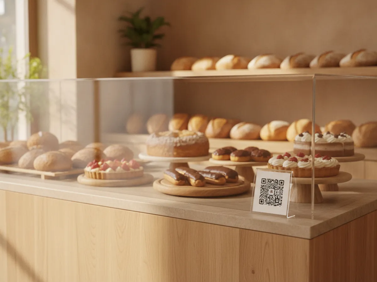 Pastane tezgâhında pastaların yanında duran QR kodlu kart