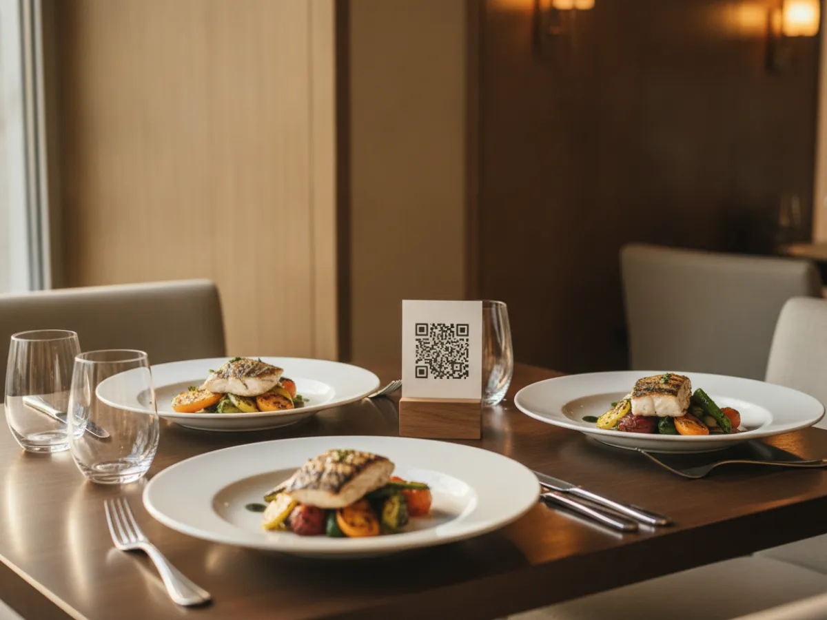 Restoran masasında tabakların yanında duran QR kodlu masa standı