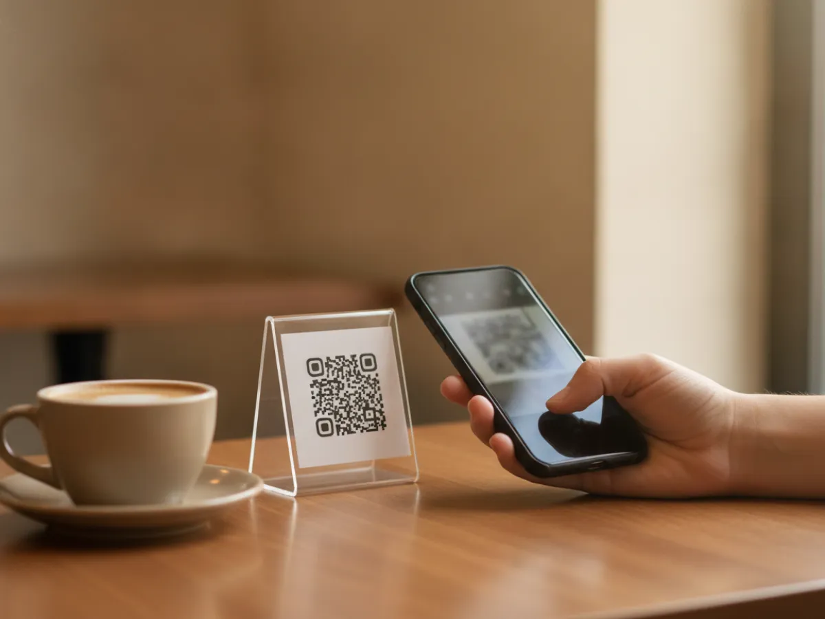 Kafe masasında telefonla QR kod okutan bir misafir